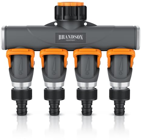 Brandson - 4 Wege Verteiler - Garten Ventil 1 Eingang 4 Ausgänge – Wasserverteiler stufenlos regelbar – verstärkte Metallgewinde – Y Verteiler - Schnellkupplungen - Wasserschlauch Gartenschlauch