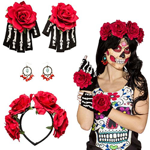 NET TOYS La Catrina Kostüm Set Haarreif, Ohrringe, Handschuhe Mexikanerin Accessoire Kostümzubehör Dia de los Muertos Halloweenkostüm Schmuck-Set