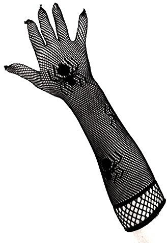 PartyXplosion® Damen Schwarze Netzhandschuhe mit Spinnen Spinnennetz Look Spinnenmuster Optik Handschuhe Armstulpen Ellenbogen lang (12081)