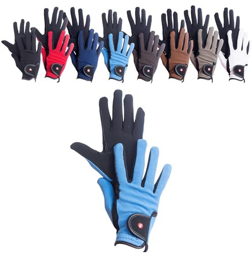 RL24 - Reithandschuhe Kinder Professional Nubuk | Handschuhe zum Reiten | Reiterhandschuhe mit Magic-Lederimitat | robust, rutschfest & atmungsaktiv | Reitzubehör in Schwarz/Babyblau | 12 Jahre