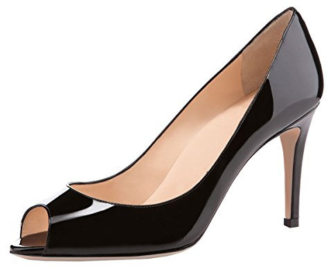 Elashe Damen Peeptoe Pumps | 8cm Stiletto High Heel | Bequeme Lack Stilettos Schwarz EU40