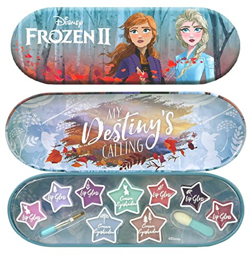 Frozen II 1599001E II Schminkdose - kleine Lipgloss-Dose mit verschiedenen Lipgloss- und Lidschattenfarben und 2 Applikatoren, Mehrfarbig