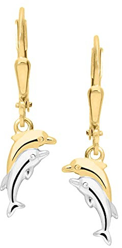My Gold Damen Mädchen Delfin Ohrringe Gold 585 Ohrhänger Echtes Gelbgold Weissgold (14 Karat) 25mm x 5,5mm Dolphin Twins O-03595-G461