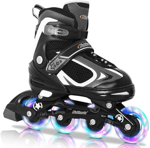 Nattork Inline Skates für Jungen, 4 Größen Inliner Kinder mit Leuchtendem Rad, Verstellbar Inline Skates für Jungen Mädchen Rollerblade für Anfänger Kleine Kinder (Schwarz, Large 37-41 EU)