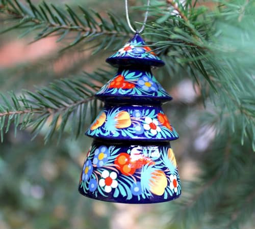 Weihnachtsglocke Dekoration - Tannenbaum aus Holz 6,5 cm Schöner Christbaumschmuck handgefertigt - Ukrainisches Hochwertiges Kunsthandwerk