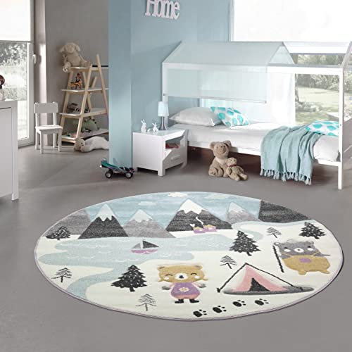 Teppich-Traum Kinderzimmer Teppich Spielteppich Bären Zelt Berge Camping Wohnwagen Tannen Fluss Creme pink grau, Größe 120 cm rund