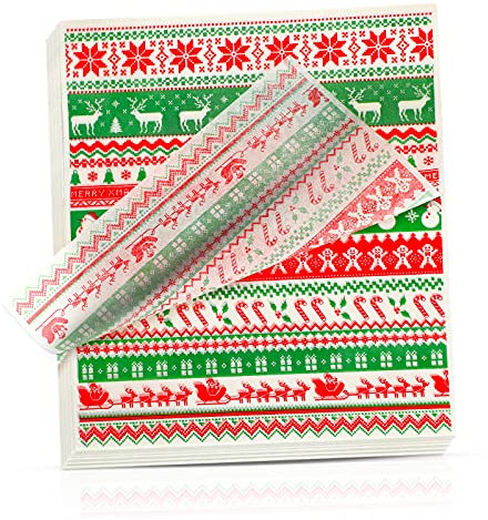 Patelai 120 Blatt Weihnachtswachspapier, rot, grün, Weihnachten, Trockenwachspapier, Lebensmittel, Süßigkeiten, Kekse, Sandwich, Wickelpapier, wasserdicht, fettdicht, Picknickkorbeinlagen für Küche,