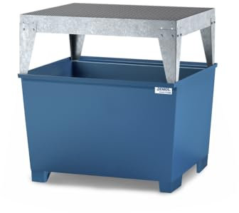 Denios Auffangwanne aus Stahl | ohne Gitterrost | mit Abfüllbock | blau-silber | BxHxT 1120 x 1493 x 1300 mm | Volumen 1000 Liter | 1 Fass | Arbeitssicherheit Notfall-Umweltschutz-Produkte