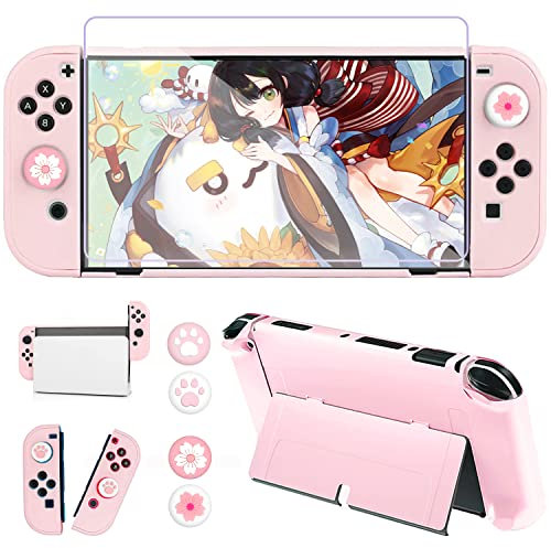 OLDZHU Coque Rose Compatible avec Nintendo Switch OLED,Coque de Protection Ultra Fine Rose Étui pour Console NS OLED et Contrôleur,avec Protection Ecran Verre Trempé et 4 Poignées Couvre Pouce