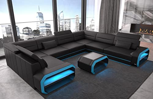 Wohnlandschaft Verona Ledersofa U Form Sofa - mit LED Beleuchtung, verstellbare Kopfstützen/Lederfarben wählbar/Ausrichtung wählbar (Lange Seite rechts, Schwarz-Blau)