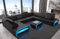Wohnlandschaft Verona Ledersofa U Form Sofa - mit LED Beleuchtung, verstellbare Kopfstützen/Lederfarben wählbar/Ausrichtung wählbar (Lange Seite rechts, Schwarz-Blau)