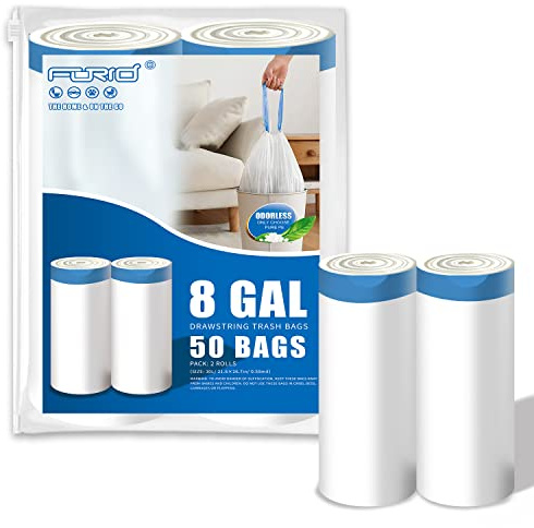 FORID Kitchen Drawstring Trash Bags - 8 Gallon Medium Garbage Bags White Unscented Trash Can Liners 50 Count Plastic Wastebasket Bags for Home Bedroom Bathroom Office 30 Liter