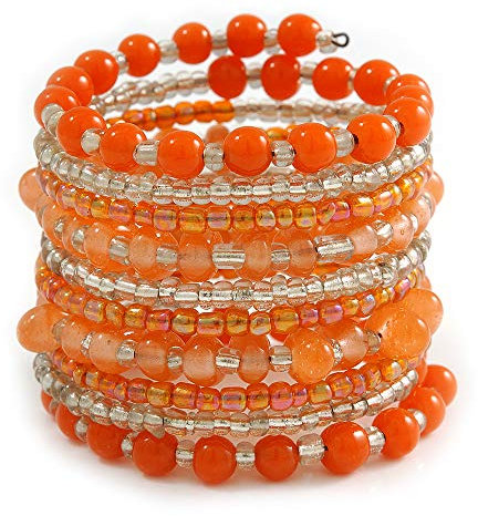 Avalaya Wide Coiled Ceramic, Glass Bead Bracelet (Orange, Transparent) - Adjustable