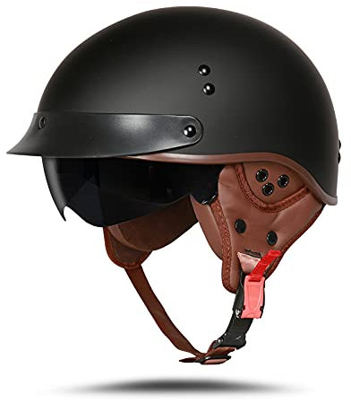 BOSERMEM Motorradhelm Mit Schutzbrille DOT/ECE-Zugelassen, Jethelm Roller-Helm Scooter-Helm Moped Mofa-Helm Chopper Vintage(Matt-Schwarz, XL 61-62cm)