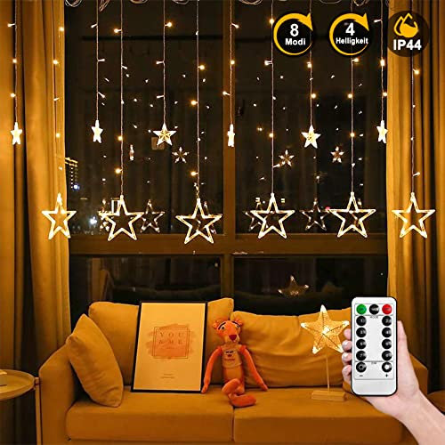 XMTECH Sterne Lichterkette LED Lichtervorhang 3m für Außen Innen - 138 LEDs Warmweiß Lichterkettenvorhang mit Fernbedienung und 8 Modi