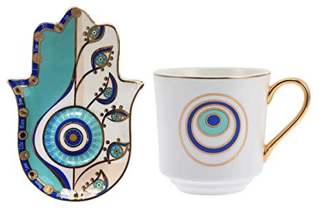 MOWUQEEN Keramik-Kaffeetassen, böse Blickschalen, Kaffeetasse, türkische Tasse, Hamsa, handgestaltetes Set von Tassen und Untertassen, Keramik-Kaffeetasse, Teetasse (DY-Devil's Eye Cup-F)