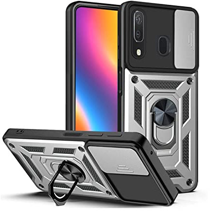 LBH Armor Coque de protection pour Samsung Galaxy A50 avec protection de l'appareil photo - Extérieur - Anti-chocs - Anneau en métal à 360 ° - Support de téléphone portable - Magnétique - Argenté