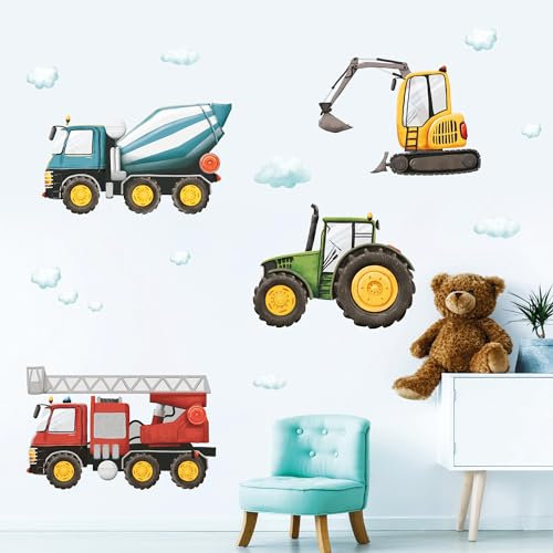 Wandtattoo Loft Kinderzimmer Baumaschinen Trecker Mischer Bagger Feuerwehrauto Dekoration Kinderzimmer, Wandsticker, Wandtattoo Wandaufkleber 2. Größe M