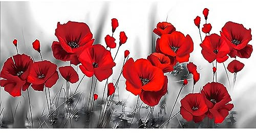 MXJSUA Fleur de Coquelicots Rouges Peinture Diamant Adulte, Diamond Painting 5D Complet, Diamant Kits, Diamant Strass Point de Croix Cristal Painting pour Murale Décoration 40x80cm