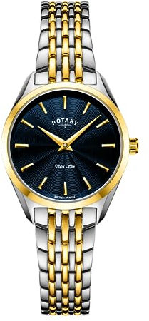 Rotary Damen Quartz Armbanduhr, 27.00mm Gehäusegröße mit blau analog Zifferblatt und Two-Tone Gold Metallarmband Armband LB08011/05
