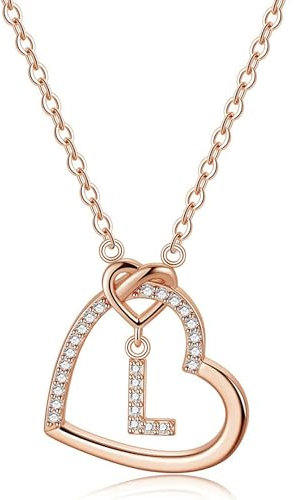 LIHELEI Damen Halskette Herz Buchstabe S925 Roségold Kette Damen Personalisiere Kette, Geburtstags und Weihnachten Geschenk Für Frauen Mädchen Mama Freundin - L(Roségold)