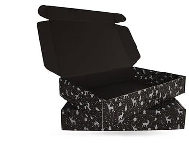 Faltkarton schwarz 10 Stück Weihnachtsgeschenkbox mit Deckel 430x330x80mm - Geschenkbox mit Rentier Tannenbaum Motiv - Post Schachtel Versandkarton Warensendung ohne Kleber