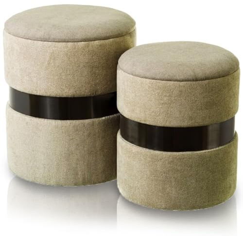 BAKAJI Set mit 2 Sitzhockern, taupe, runde Form, geräumig, modernes Design mit Metallband, runder Hocker mit abnehmbarem Deckel und gepolsterter Sitzfläche, Inneneinrichtung