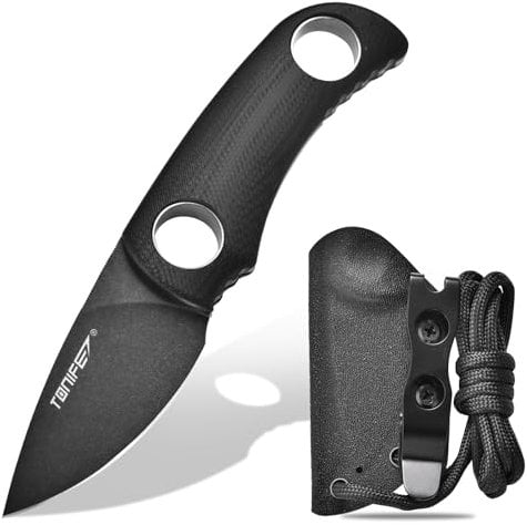 TONIFE Fixed Blade Mini Neck Knife 4.8cm With Kydex Sheath and Cord - EDC Portable for Outdoor Survival (Black + Black Oxide then Stonewash)