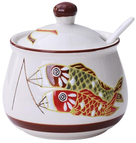 KKGUD Cute Hand-Painted Sugar Bowl, Seasoning Jar, Ceramic Condiment Pot for Restaurant Kitchen Decor- Two Fishes Patterns, 320ml