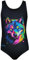 Aquarti Mädchen Badeanzug mit Ringerrücken Print, Farbe: Wolf/Schwarz, Größe: 170