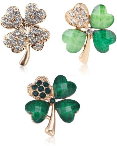 3 Stück Vierblättriges Kleeblatt Brosche, Grüne Strass Brosche, Kristall Brosche, für Frauen, Mädchen