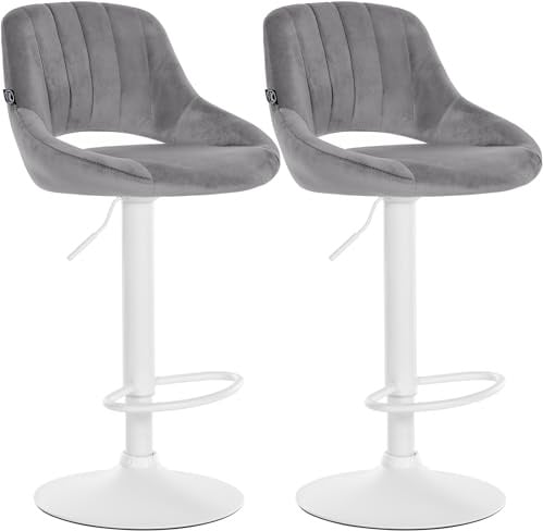 CLP Barhocker 2er Set höhenverstellbar mit Lehne Milet, Barstühle gepolstert Samtbezug, Tresenstühle mit Metallgestell drehbar | Farbe dunkelgrau Material Gestell Metall matt Weiss