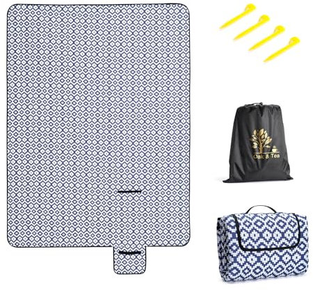 Oak & Tea Picknickdecke Wasserdicht 150x200 cm Sandfrei Isoliert Maschinenwaschbar Stranddecke Campingdecke für Strand und Outdoor (Blau Weiß,150x200 cm)