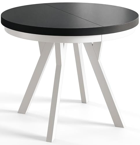 AlpiMeble Runder Esstisch ausziehbar – Moderner Wohnzimmertisch und Küchentisch – Tisch mit Stabile Konstruktion, Durchmesser 80 cm - 130 cm - Farbe Schwarz - Kollektion Evo