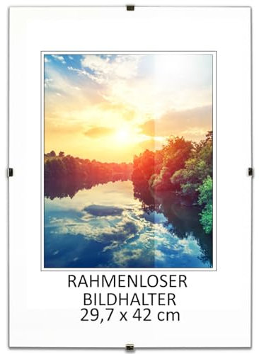 MG Design Rahmenloser Bilderrahmen, A3, 29,7 x 42 cm - mit Clips, Acrylglas, HDF-Platte - zum vertikalen oder horizontalen Aufhängen/Aufstellen, Cliprahmen für Fotos, Poster, Puzzles