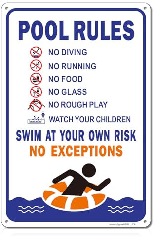 Schild Pool Rules, No Diving, Swim at Your Own Risk, 30,5 x 20,3 cm, rostfreies, reflektierendes Aluminium, lichtbeständig, UV-geschützt, wetterfest, einfach zu montieren