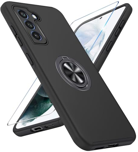 Vaki Handyhülle für Samsung Galaxy S21 Hülle mit Schutzfolie, Schutzhülle Galaxy S21 Case mit 360° Magnetischer Ring Ständer Kratzfest Fallfestigkeit Stoßfest für Samsung S21 5G Cover (Schwarz)