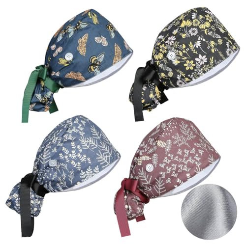 Satin-gefütterte OP-Haube für Damen, verstellbar, mit Knöpfen, Schweißband, Pferdeschwanz, Arbeitskappe mit Raffhalter, Retro-Muster, 2-8