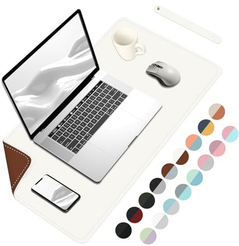 BLESWIN Desk Mat, PU Leather Desk Pad, Waterproof Large Mouse Pad, Easy Clean Laptop Mat for Desk, Desk Table Protector Mat,Mouse Pad for Office/Home/Decor-White+Brown,60cmx 35cm