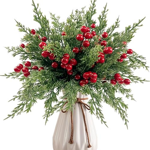 ZUXOLBIN 60 Stück Künstliche Kiefer Zweige Rot Beerenstängel Weihnachten Tannenzweige Norfolk Kiefer Stiele Gefälschte Laub Kiefernnadeln Picks für DIY Handwerk Verschönern Girlande Wohnkultur