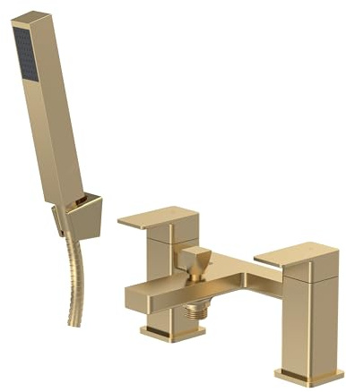 Balterley Bath Mixer Tap with Shower Kit, Dual Lever Square Bath Filler Tap, Rectangular Head Showers for Bathrooms, Bathroom Taps with Shower Head and Hose Set - 228 x 152 x 119mm (Brushed Brass)
