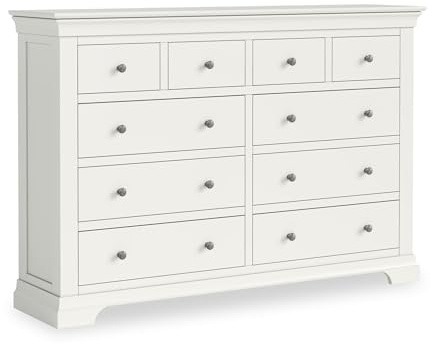 RoselandFurniture Colette White Wide 4 Over 6 Chest of Drawers | Fully Assembled, Wooden Storage Dresser with Plinth Base, Painted Pine, French Style, H105cm W155cm D38cm