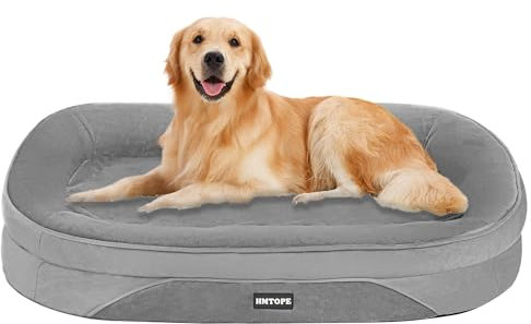 HMTOPE Orthopädisches Hundebett, Hundesofa, Vierseitiges Nackenrolle Kissen, rutschfeste Unterseite Hundekorb, Abnehmbar und Waschbar, Mittelgroße Hunde, Grosse Hunde, 106 x 79 x 17 cm, Mittelgrau