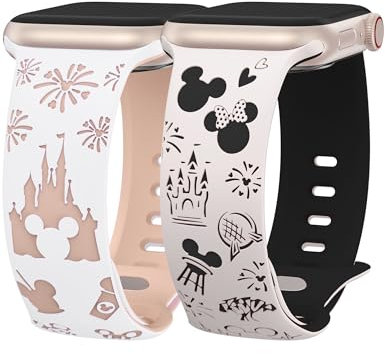 BEEXI 2 Packs Cartoon Engraved Compatible with Apple Watch Strap 41/40/38mm/42mm Women,Two-Tone Cute Soft Silicone Sport Strap for iWatch SE Series 10/9/8/7/6/5/4/3/2/1, White&Starlight