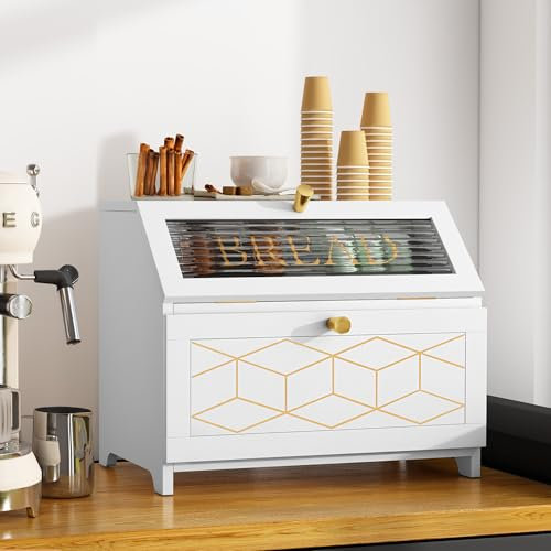MROJISC Contenitore per il pane in legno, a 2 ripiani, colore bianco, grande con finestra trasparente, per cucina, piano di lavoro, conservazione degli alimenti