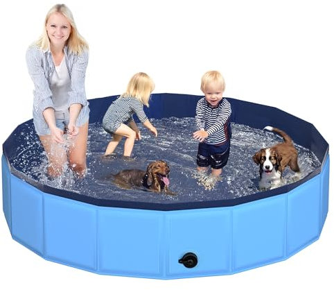 CACSPS Piscine Pliante pour Chien 220x30 cm - Piscine pour Enfants en Plastique Rigide Pliable pour Chiens et Enfants, Baignoire antidérapante pour Animaux de Compagnie (Bleu)