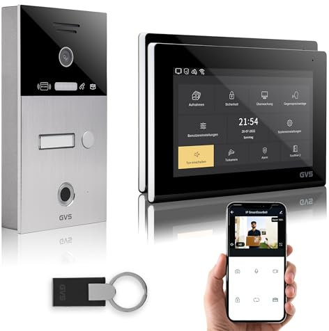 GVS - IP Video Türsprechanlage mit Türöffner, Fingerprint & RFID, HD Kamera, 2X 7 Zoll Monitor & App - Smarte Video Türklingel mit Kamera & Gegensprechanlage für 1 Familienhaus (AVS5085A)