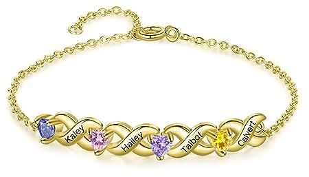 Presentimental Personalisiertes Unendlichkeitsarmband für Damen Armband mit Name Geburtsstein Geschenk für Mutter Tochter Oma Frau Freundin (Gold, 4 name)
