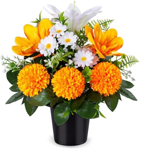 SIFOEL Artificial Cemetery Flowers in Pots, Artificial Chrysanthmums Lily Daisy with Pot, Memorial Grave Flowers for Cemetery Funeral Outdoor Graveside Decoration (1piece, White&Orange)