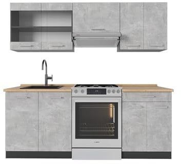 Vicco Küchenzeile R-Line, Küchenblock, Beton/Anthrazit, 200 cm ohne Arbeitsplatte